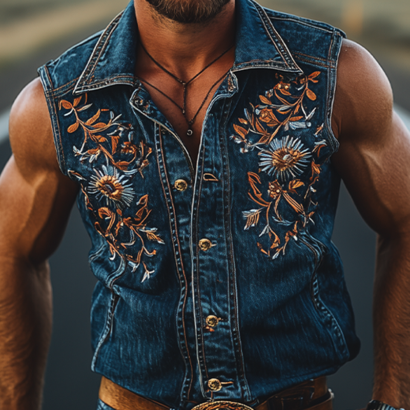 Men's Summer Fashion Retro Western Cowboy Style Denim Embroidery Sleeveless Shirt MTA2846D4K