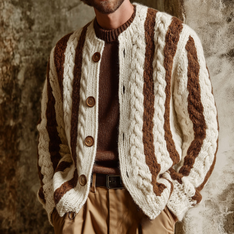 Men's Retro Casual Striped Color Block Knit Button Cardigan MTA1053K9TO