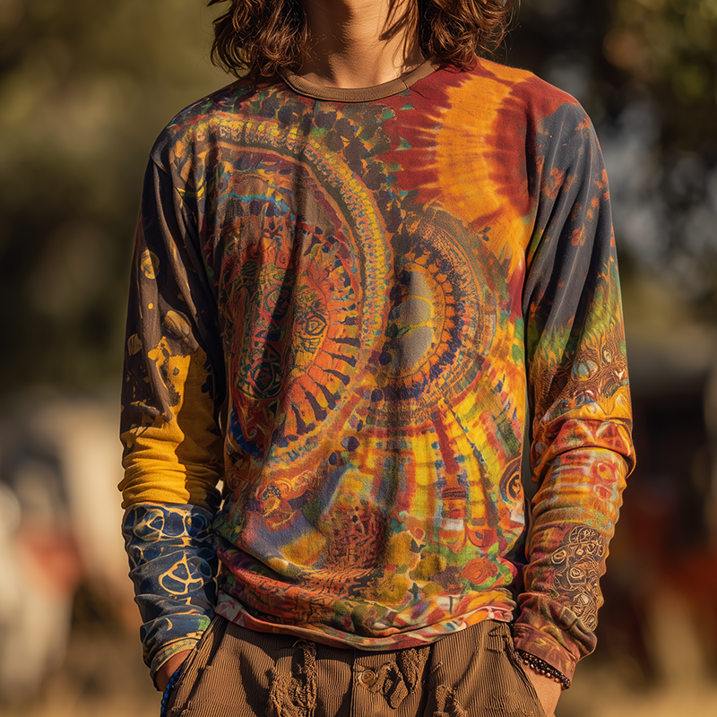 Men's Retro Casual Hippie Gradient Print Round Neck Long Sleeve T-shirt MTA0168H3TO