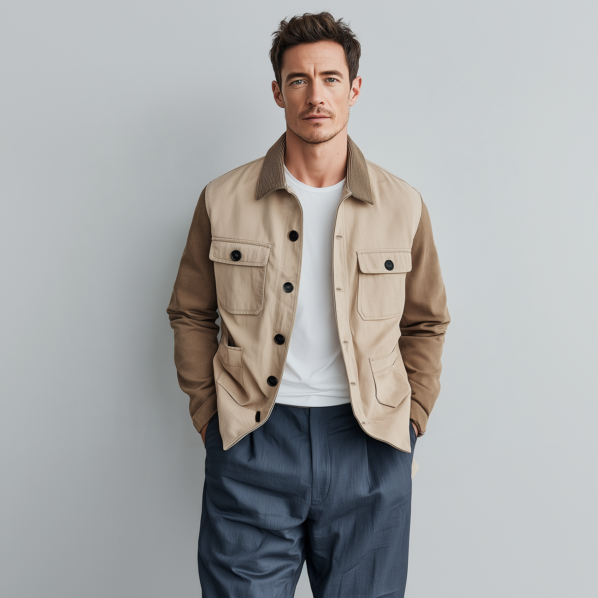 Men's Fashionable Casual Corduroy Collared Collar Stitching Suede And Cotton Blended Multi-pocket Jacket MTA2911G4K
