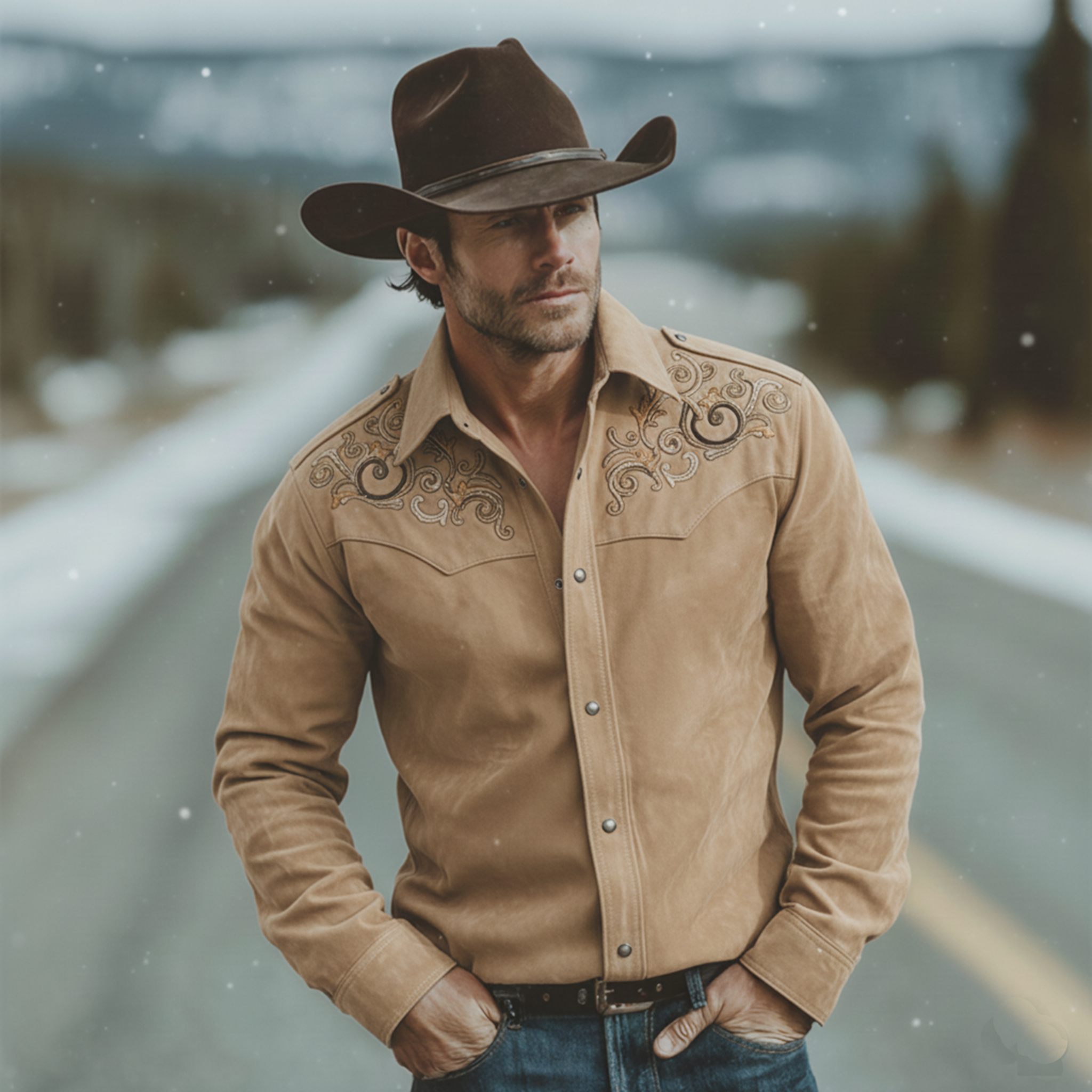 Men's Classic Retro Western Style Embroidered Faux Suede Long-sleeved Shirt MTA1767K4K