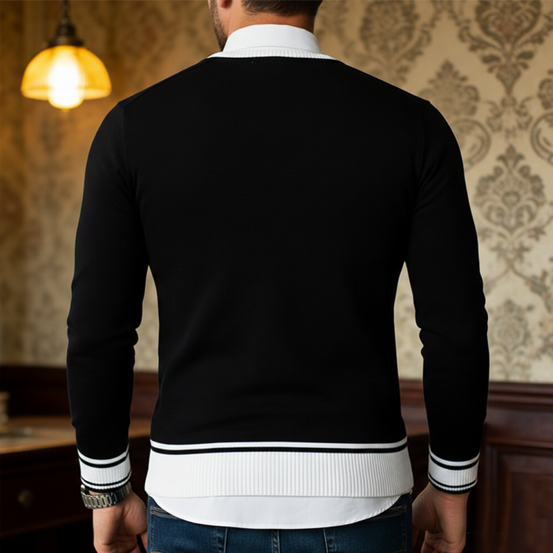 Men's Urban Black And White Color-blocked V-neck Slim-fit Sweater MTZ1285A2U