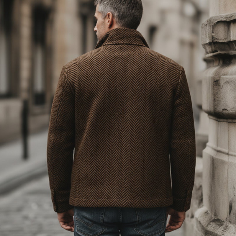 Men's Retro Brown Classic Herringbone Lapel Faux Wool Jacket MTA3171J1U