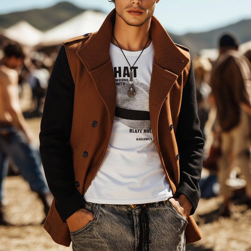 Men's Winter Fashion Patchwork Sleeves Faux Wool Double-breasted Coat MTA2845I4P
