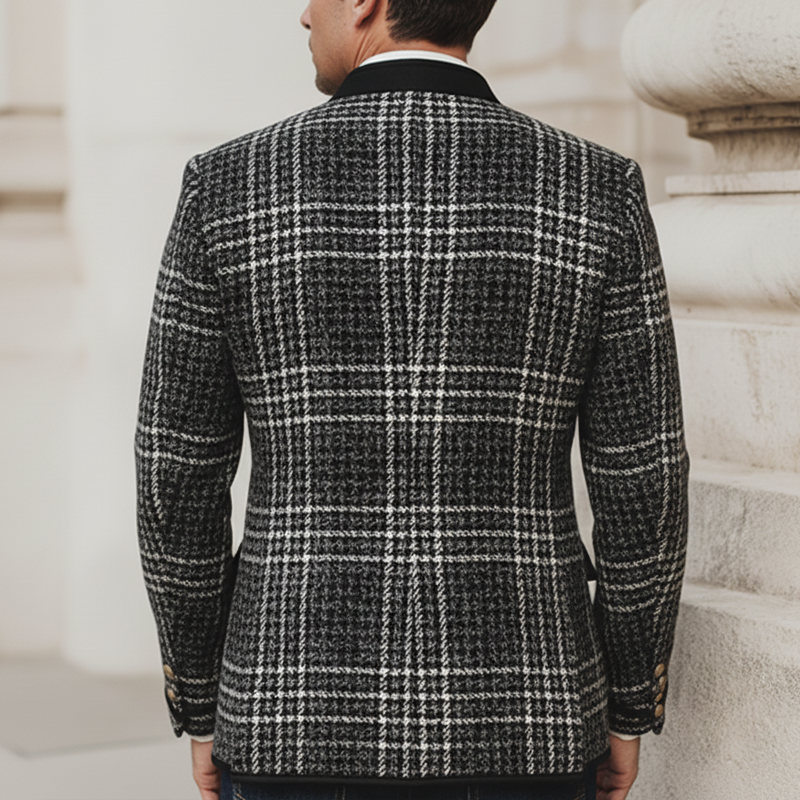 Men's Vintage Plaid Trim Faux Wool Stand-collar Slim-fit Jacket MTA2807K5U