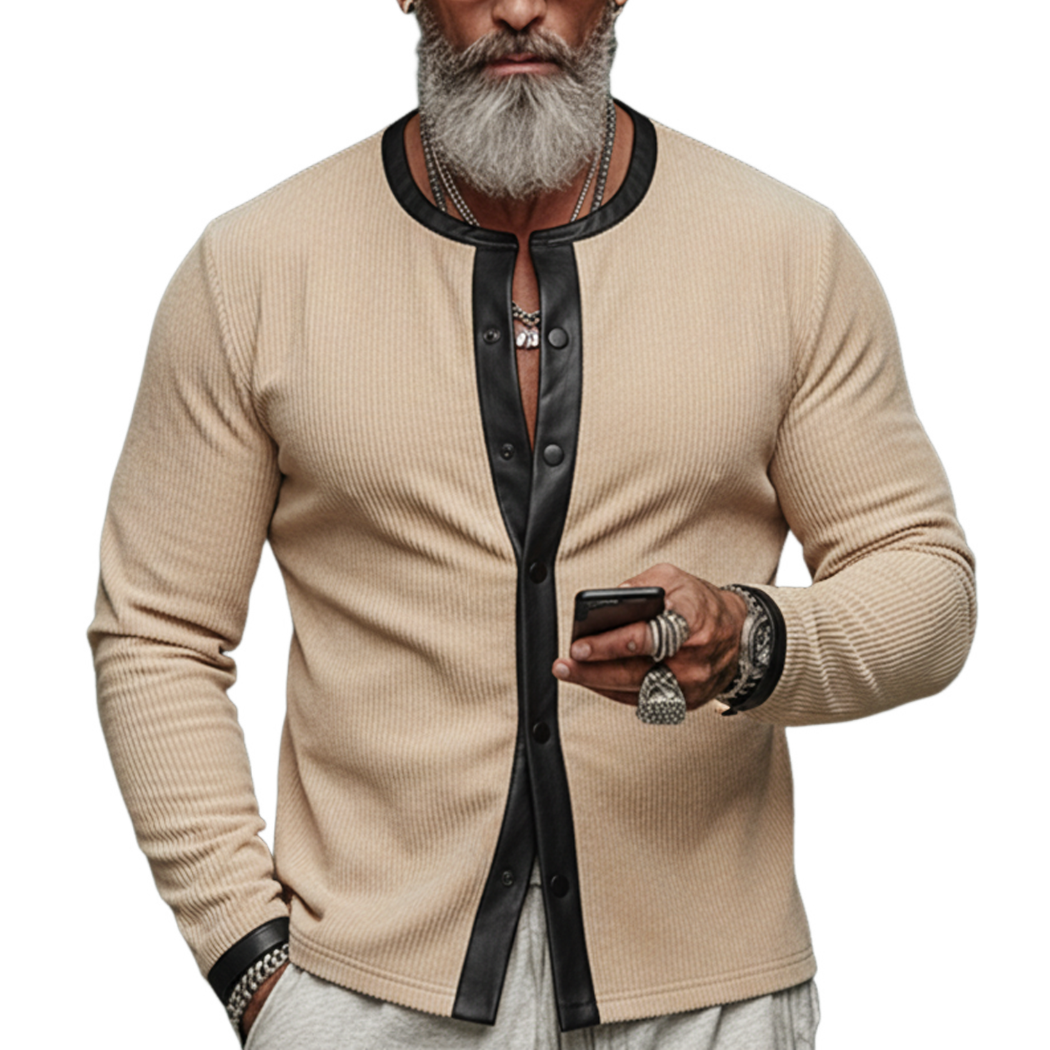 Men's Classic Vintage PU Leather And Corduroy Patchwork Slim-fit Long-sleeved Shirt MTA1713L6K