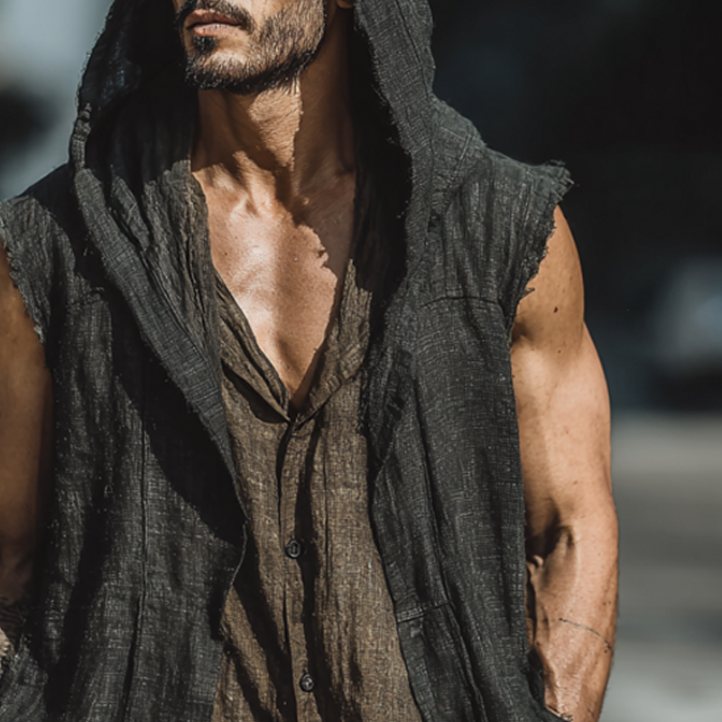 Men's Cotton And Linen Solid Color Sleeveless Hooded Tank Top MTA1760G9X