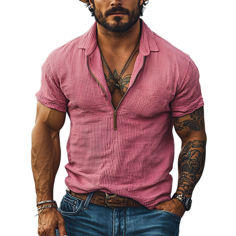 Men's Casual Classic American Western Tough Guy Style Waffle V-neck Zipper Slim Short-sleeved T-shirt MTA2869E9K