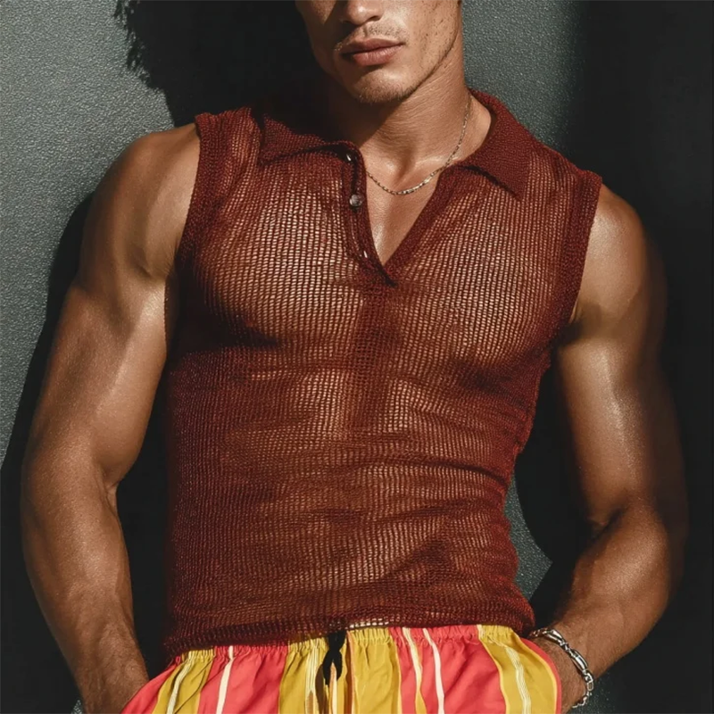 Men's Knitted Polo Neck Sleeveless Tank Top MTA0419G8Y