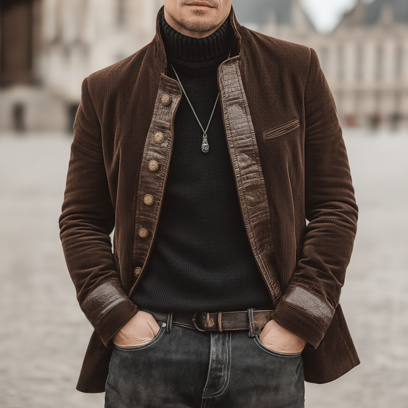 Men's Classic Corduroy And PU Leather Stand Collar Multi-Button Jacket MTA1965K1U