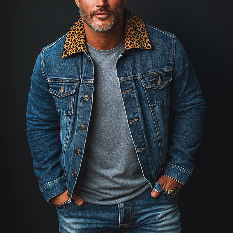 Men's Retro Leopard Print Collar Washed Denim Button Jacket MTA2636K9P