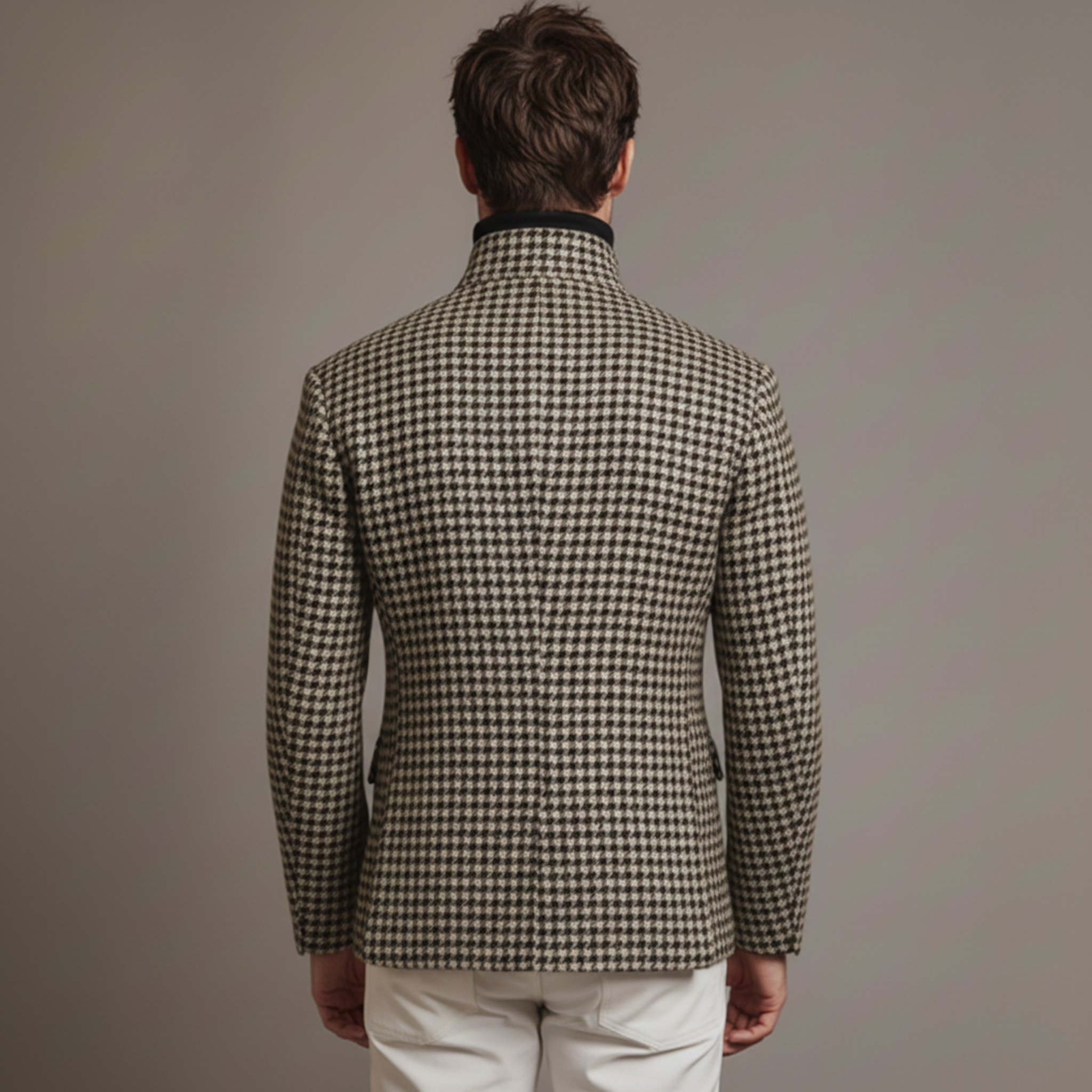 Men's Classic Retro Stand-up Collar Slanted Placket Metal Button Faux Houndstooth Wool Jacket MTA0876K0K