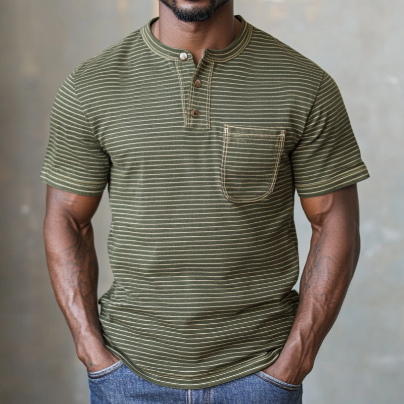 Men's Casual Premium Cotton Striped Henley Collar Patch Pocket Slim Fit Short Sleeve T-Shirt MTA0816E2M