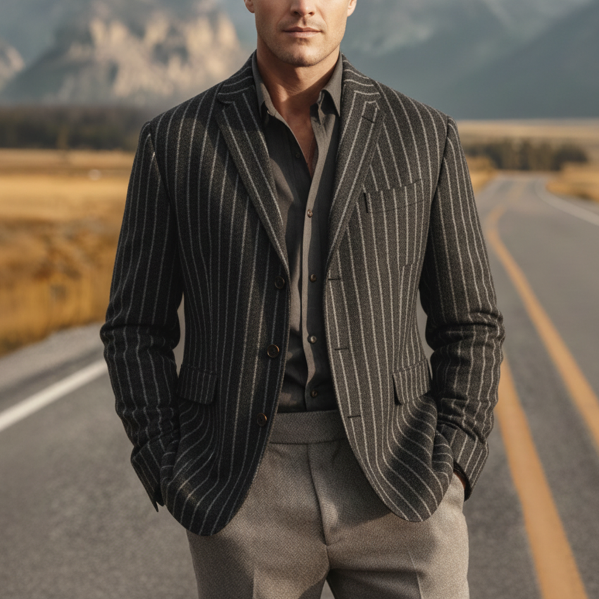 Men's Classic Retro Light Business Faux Vertical Striped Woolen Single-breasted Blazer MTA2568I8K