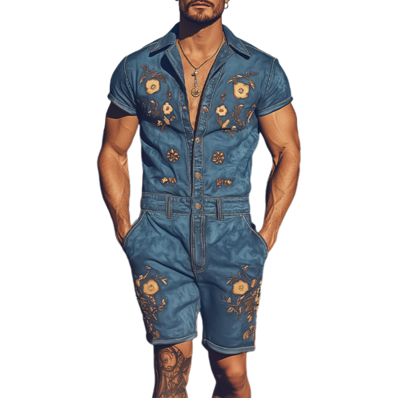 Men's Summer Fashion Retro Western Cowboy Style Embroidered Jumpsuit MTA1762D6K