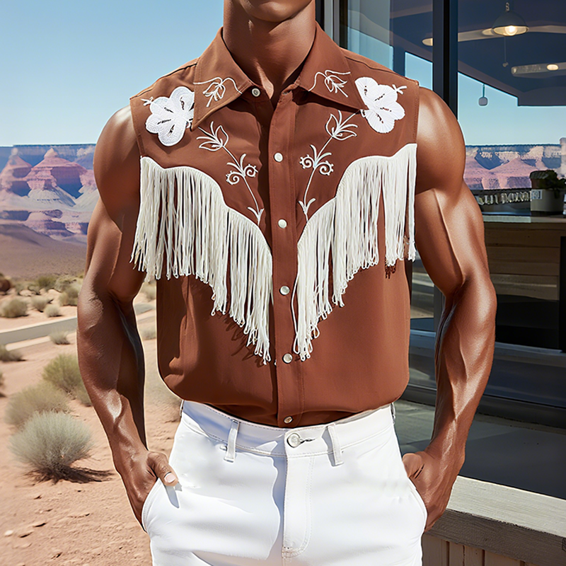 Men's Summer New Casual American Western Style Cotton Blend Embroidered Tassel Slim Sleeveless Shirt MTA1747F5K