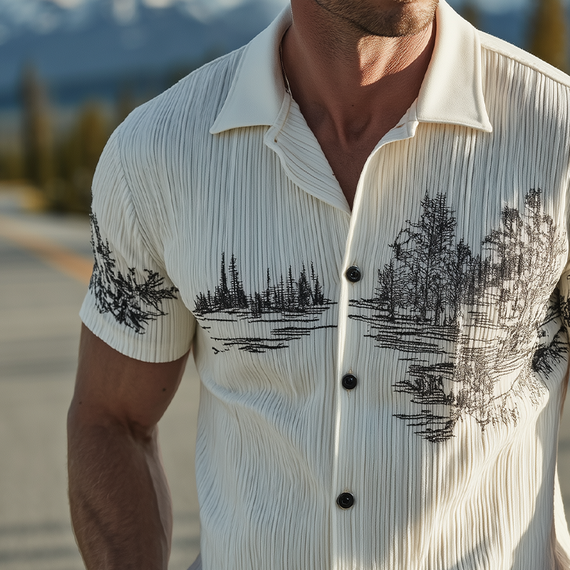 Men's Spring And Summer Classic Casual Ribbed Texture Fabric Embroidery Slim Short-sleeved Shirt MTA1188G6K