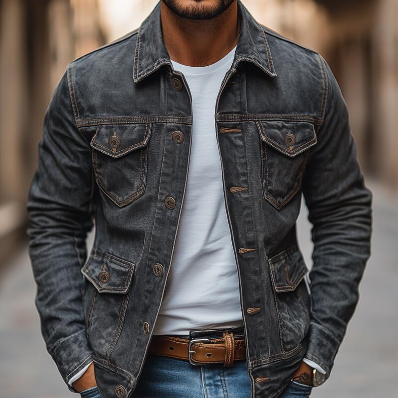 Men's Vintage Washed Distressed Denim Lapel Single-breasted Multi-pocket Caogo Jacket MTA2168H3M