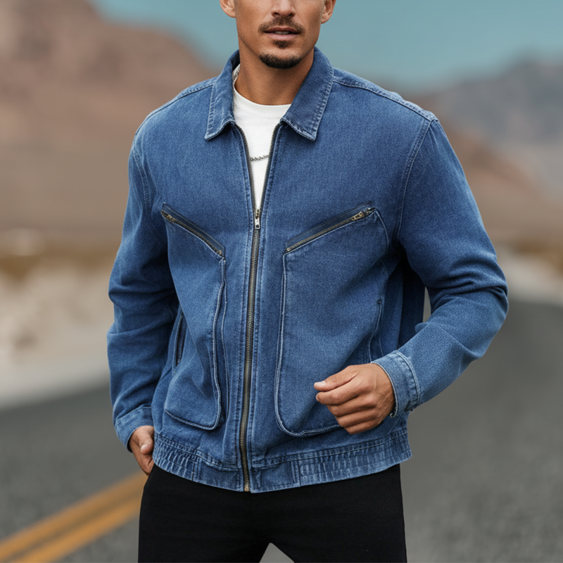 Men's Autumn And Winter Vintage Washed Large Pocket Denim Baseball Jacket MTA2342I1P