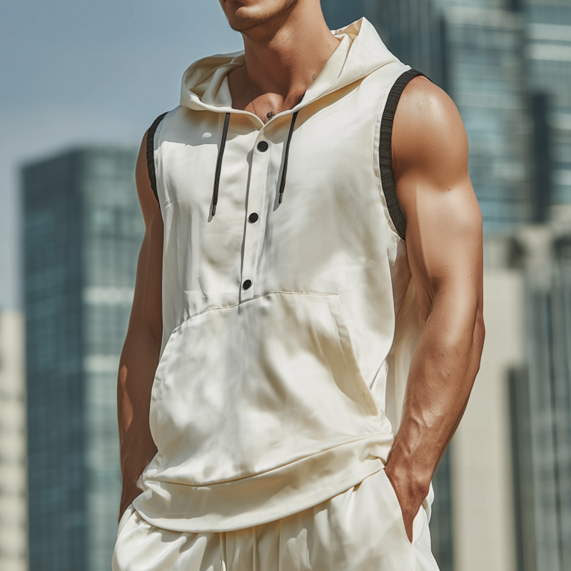 Men's Fashion Contrast Color Satin Henley Collar Hooded Kangaroo Pocket Loose Tank Top MTA2088F1M