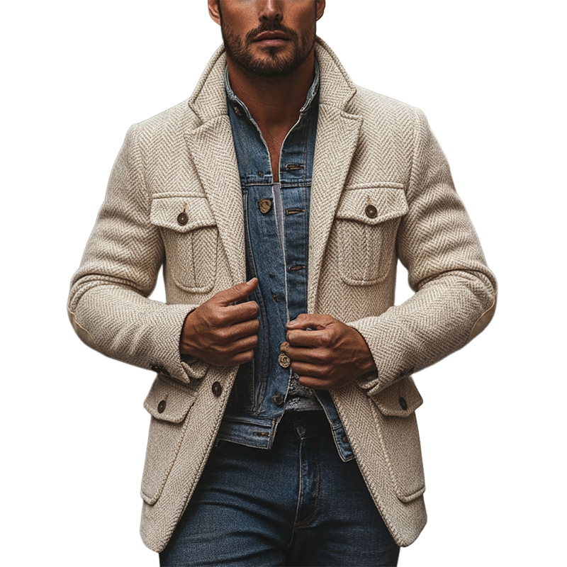 Men's Blended Herringbone Textured Lapel Jacket MTA2988I2X