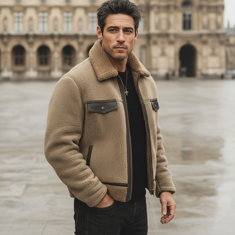 Men's Urban Warm Khaki Lambskin And PU Leather Patchwork Zip-up Jacket MTA2070K0U