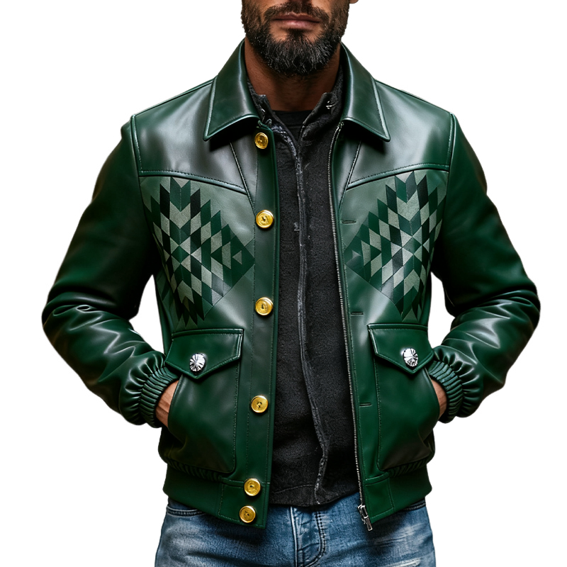 Men's Retro Geometric Print Lapel PU Single Breasted Jacket MTA2023J8X