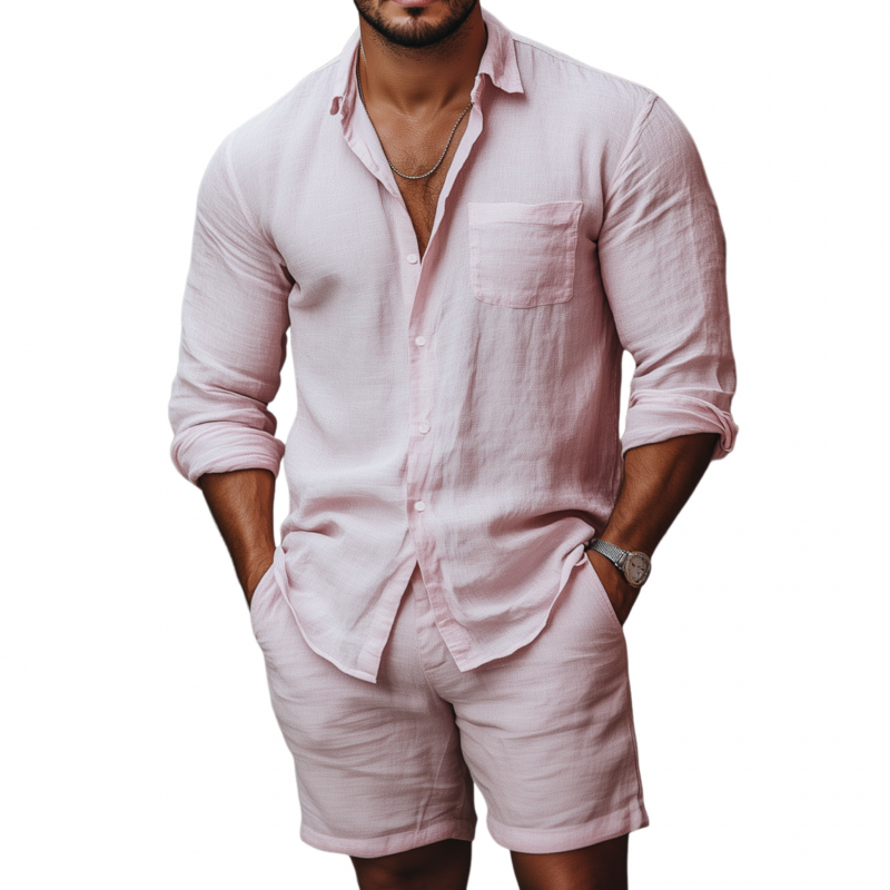 Men's Casual Breathable Solid Color Linen Lapel Patch Pocket Long Sleeve Shirt Loose Shorts Set MTA1311F5M