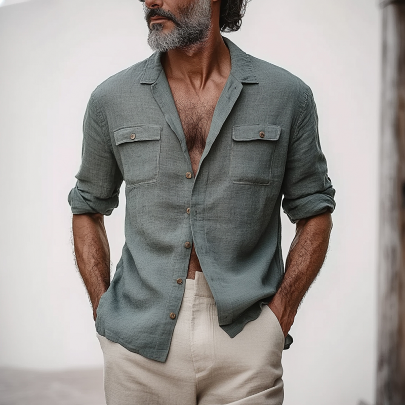 Men's Casual Breathable Cotton Linen Lapel Chest Pocket Slim Fit Long Sleeve Shirt MTA1297E6M