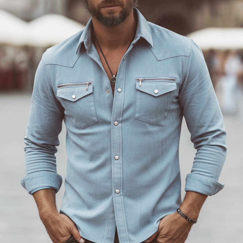 Men's Elegant Light Blue Faux Suede Snap-button Long-sleeved Shirt MTZ0943A7U