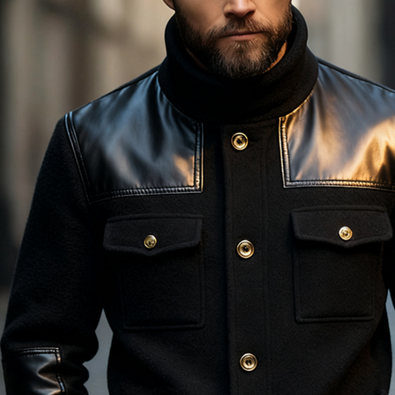 Men's Retro Casual Faux Leather Stitching Stand Collar Multi-Pocket Button Jacket MTA2467J1TO