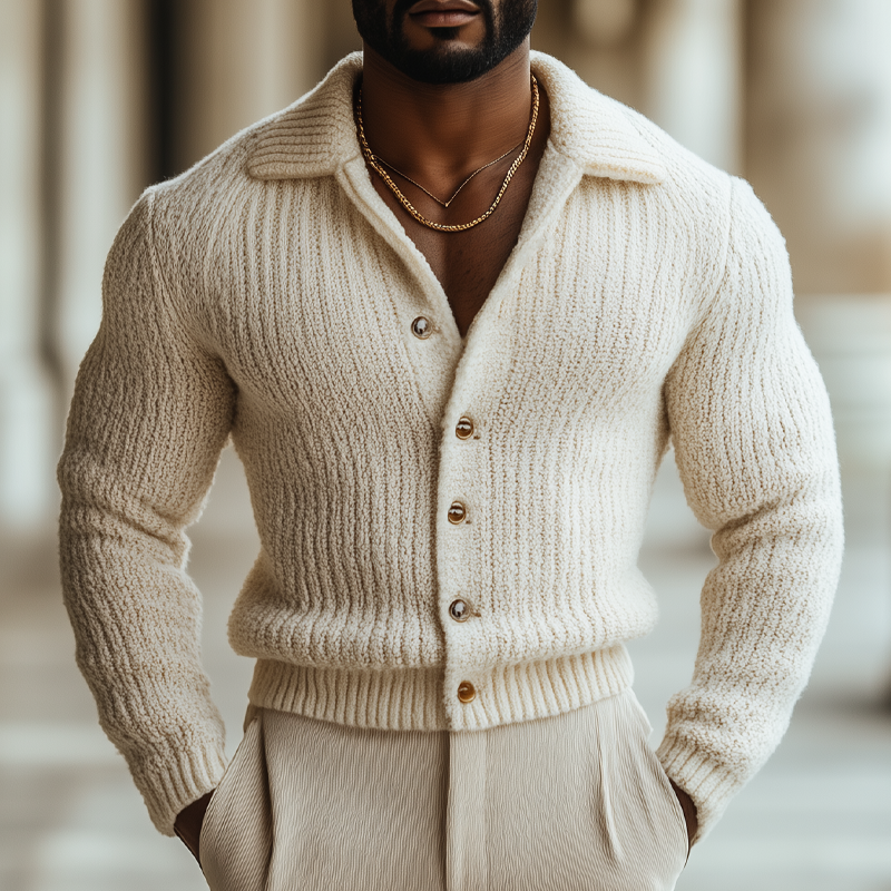 Men's Retro Beige Coarse Textured Slim Fit Knit Cardigan MTA0618K8U