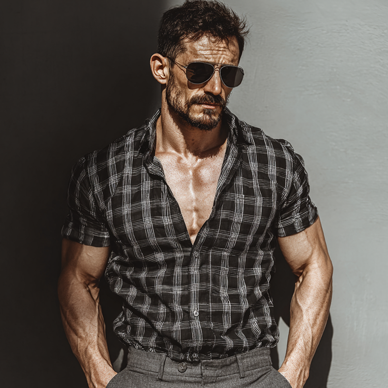 Men's Check Print Lapel Short Sleeve Shirt MTA0490G2X