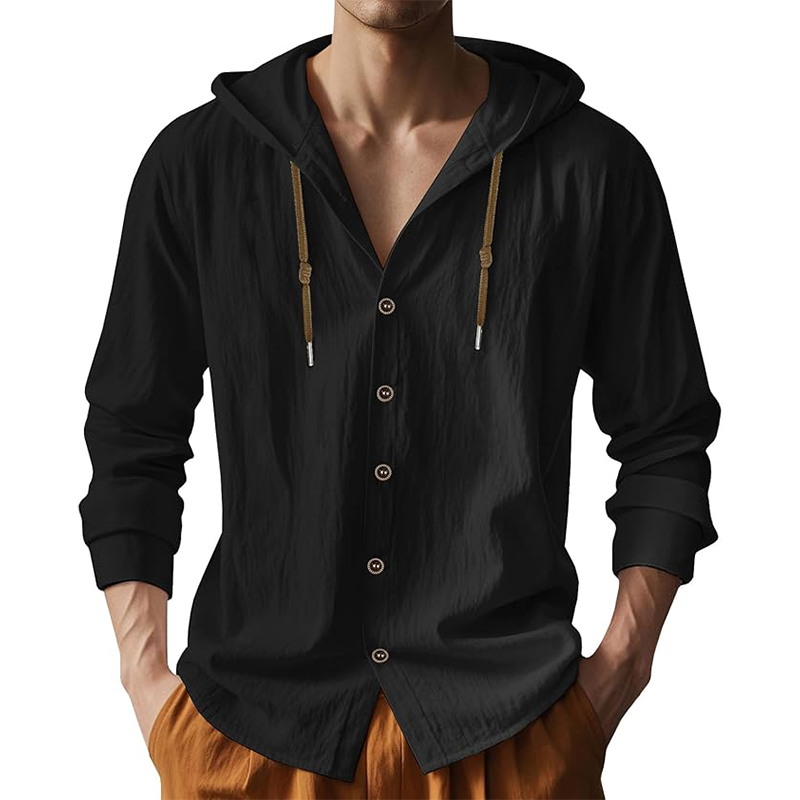 Men's Solid Color Cotton And Linen Long-Sleeved Hooded Shirt MTA2855G9P