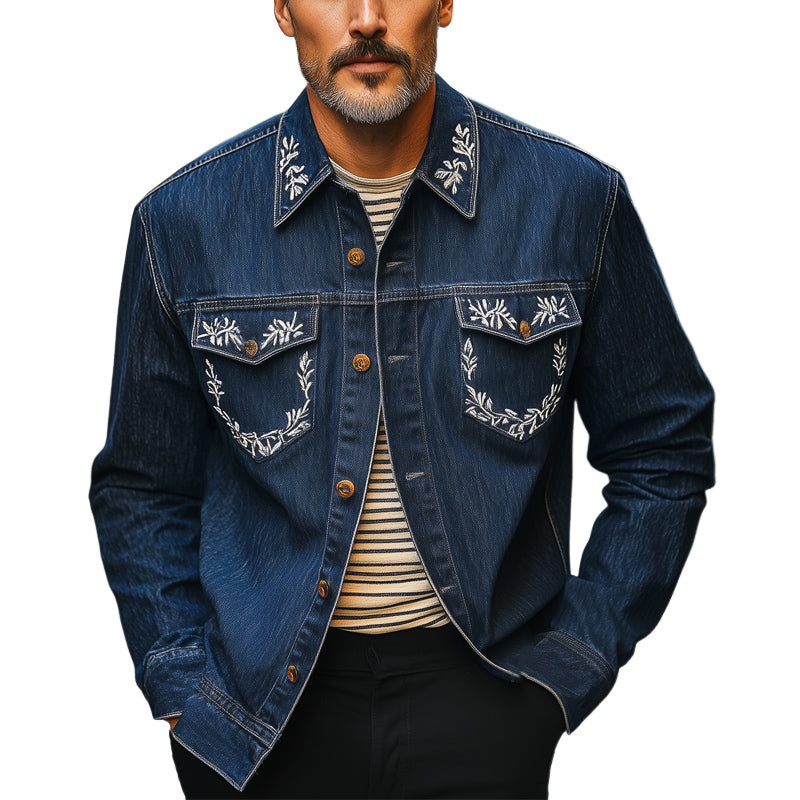 Herreskjorte med sølvfarget vintage-broderi og langermet denim MTA2213E9U