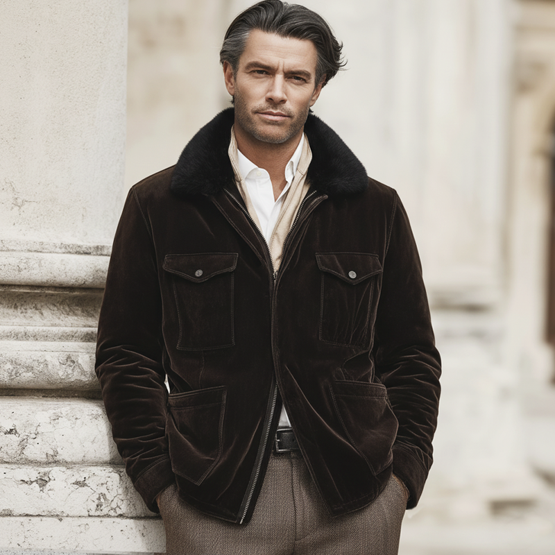 Men's Classic Chocolate Brown Velvet Fur Collar Jacket MTA2455K5U