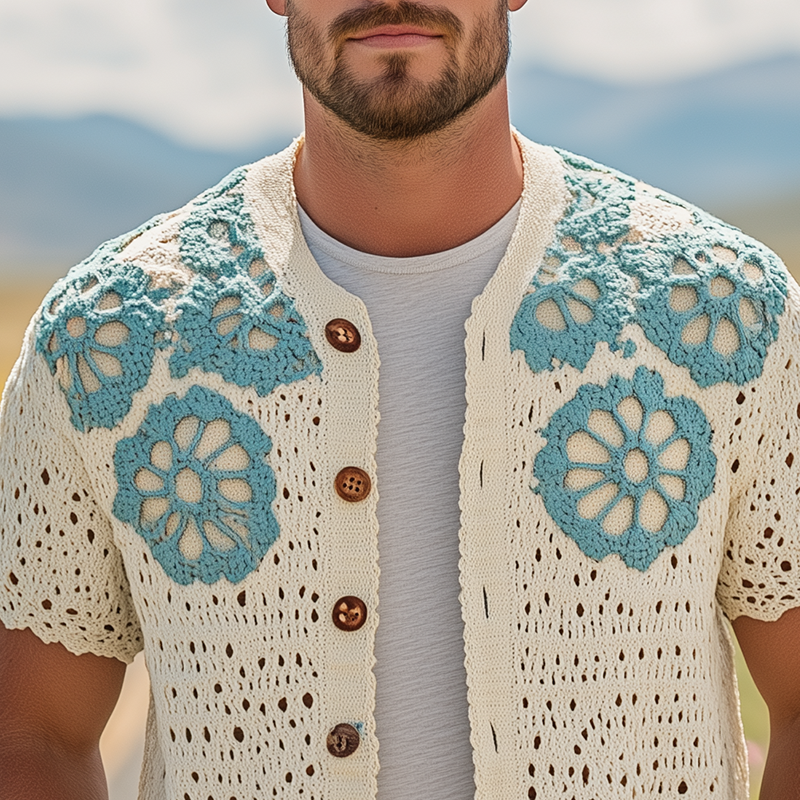 Men's Summer Fashion Casual Hollow Crochet Flower Knitted Short Sleeve Shirt MTA2768F3K