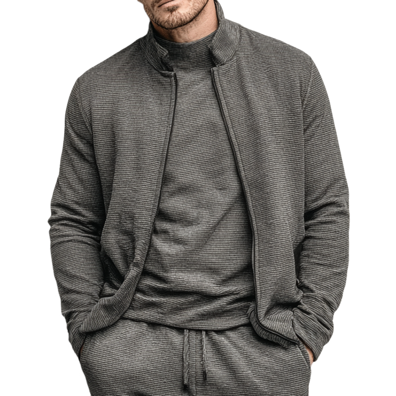 Men's Blended Stand-up Collar Striped Textured Jacket MTA2977K4X