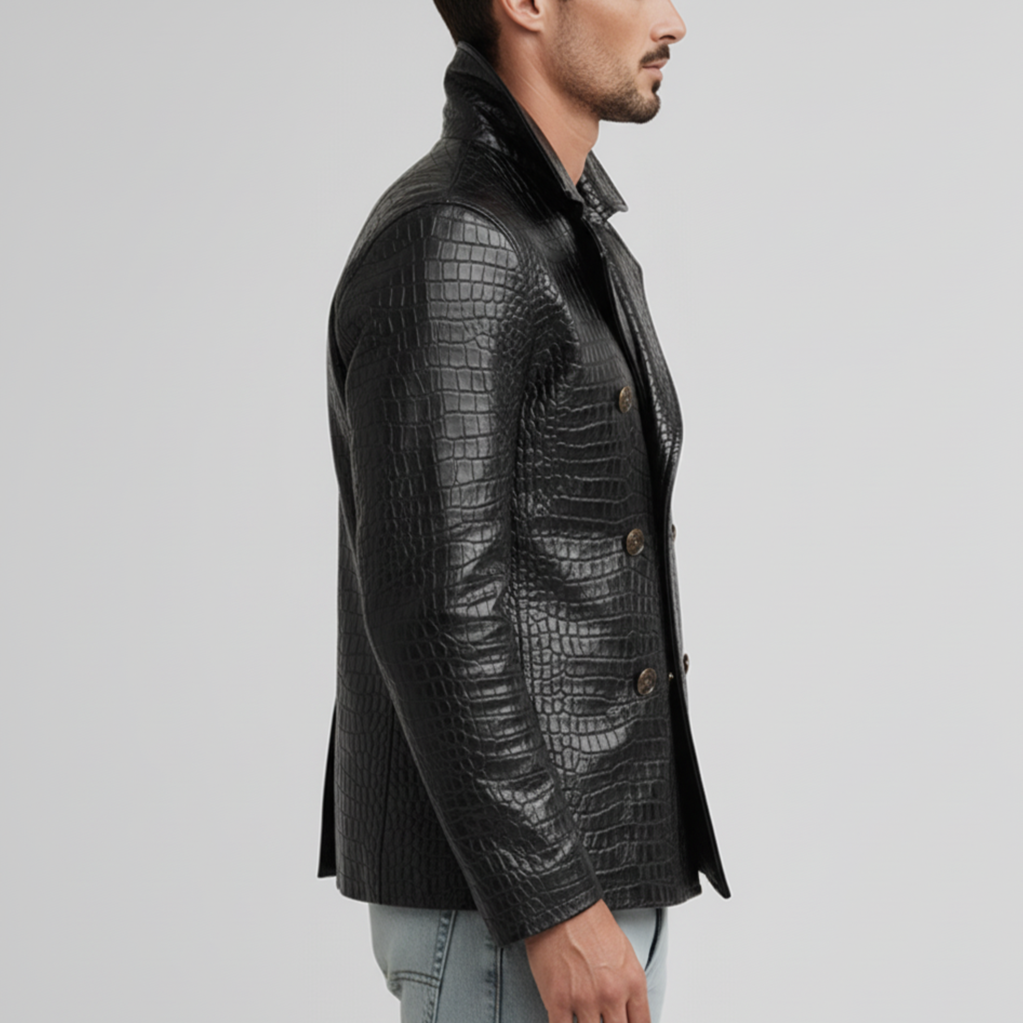 Men's Classic Casual Lapel Double-breasted Crocodile Leather Texture Pu Leather Jacket MTA1545J0K