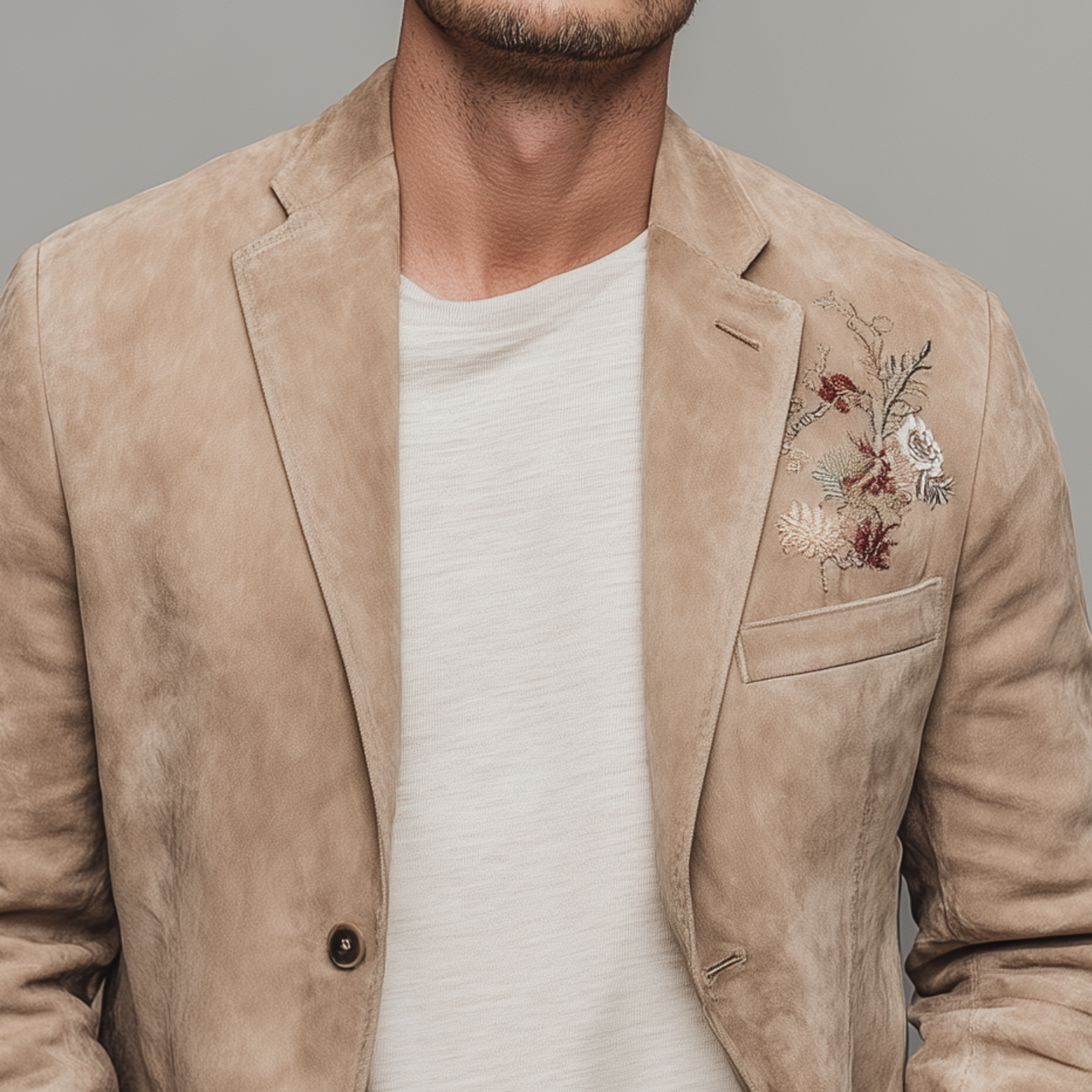 Men's Spring Fashion Casual Thin Suede Chest And Cuff Embroidery Single Breasted Blazer MTA1815G9K