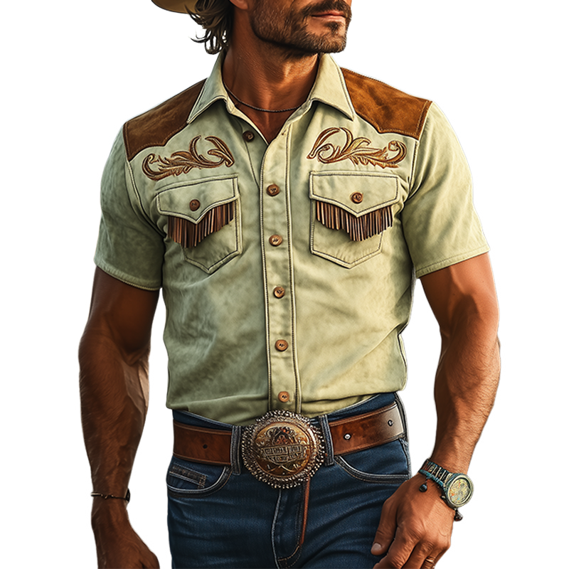 Men's Spring And Summer Fashion Retro Western Cowboy Style Thin Suede Stitching Embroidery Tassel Slim Short-sleeved Shirt MTA1504E4K