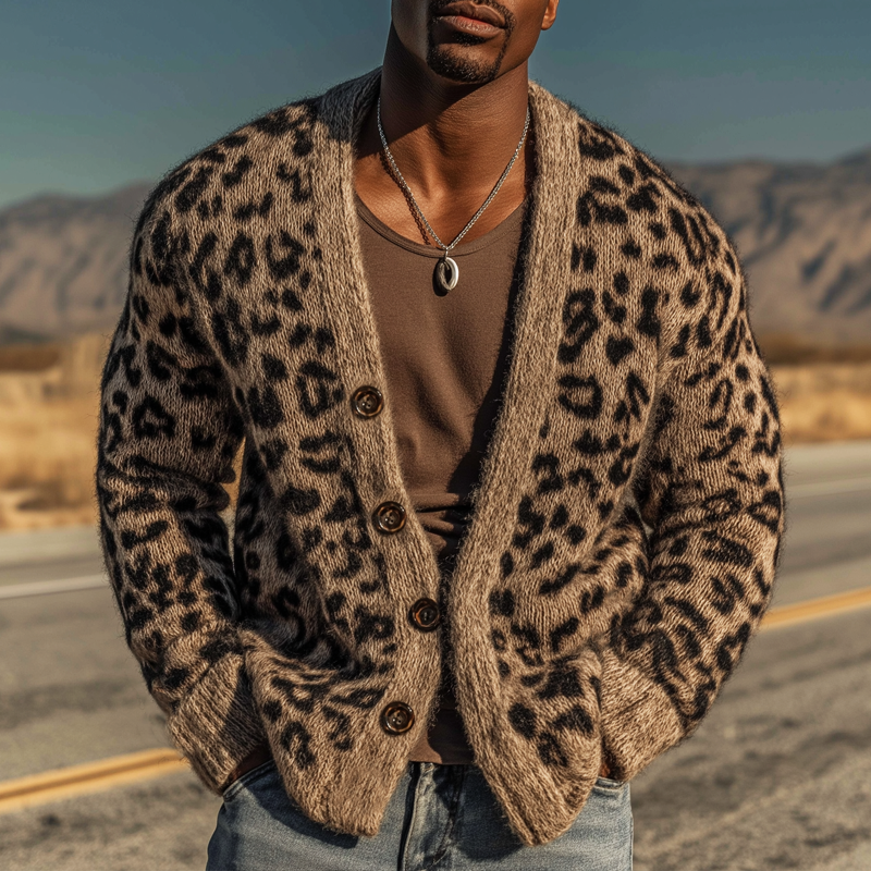 Men's Urban Warm Khaki Leopard Print Button-Down Cardigan MTA1836K6U