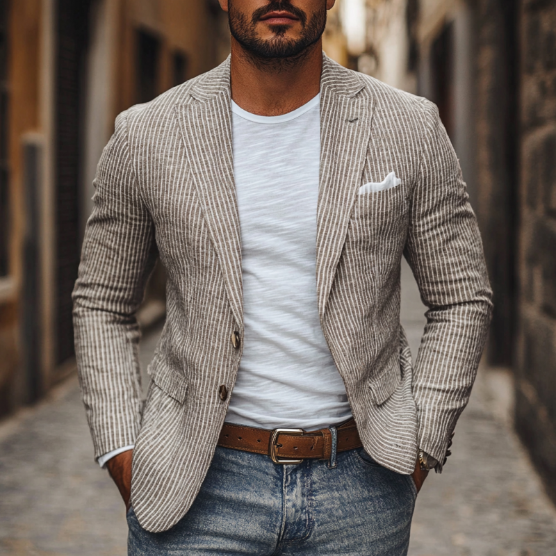 Men's Casual Breathable Linen Pinstripe Notched Lapel Single Breasted Slim Fit Blazer MTA2860D6M