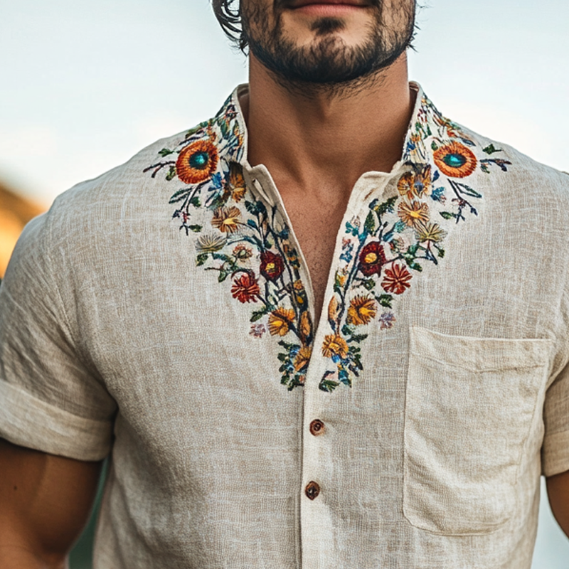 Men's Retro Stand Collar Embroidered Cotton And Linen Short Sleeve Shirt MTA0930F3X