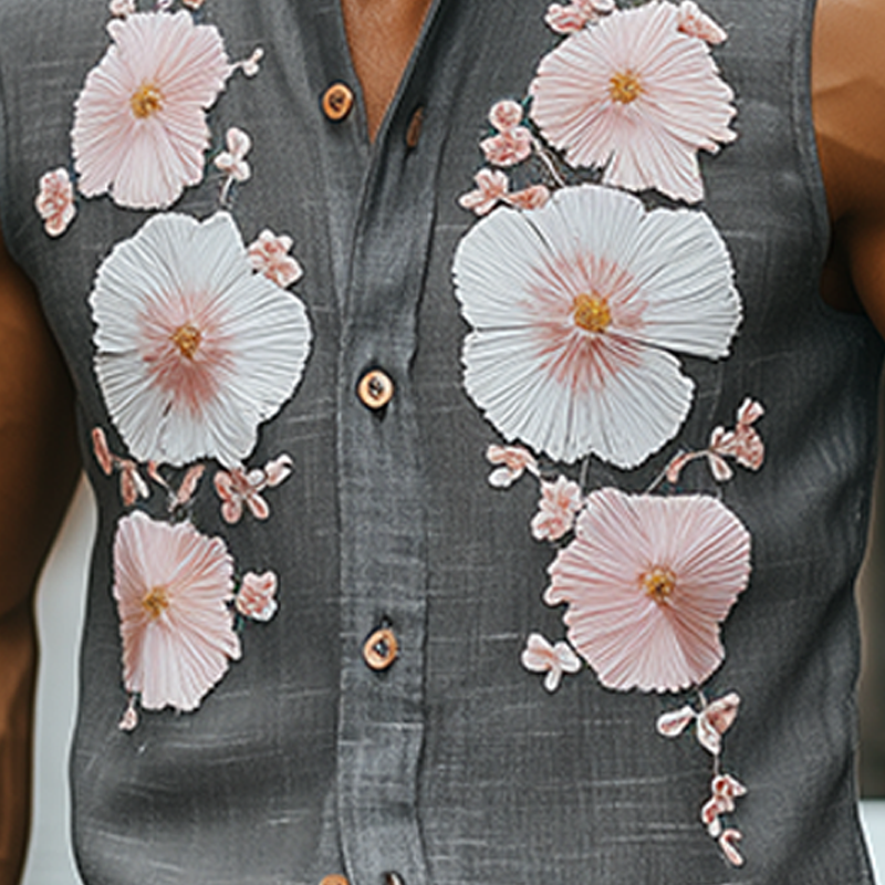 Men's Spring And Summer Casual Sicily Style Stand-up Collar Towel Embroidery Cotton And Linen Slim Sleeveless Shirt MTA1012F4K