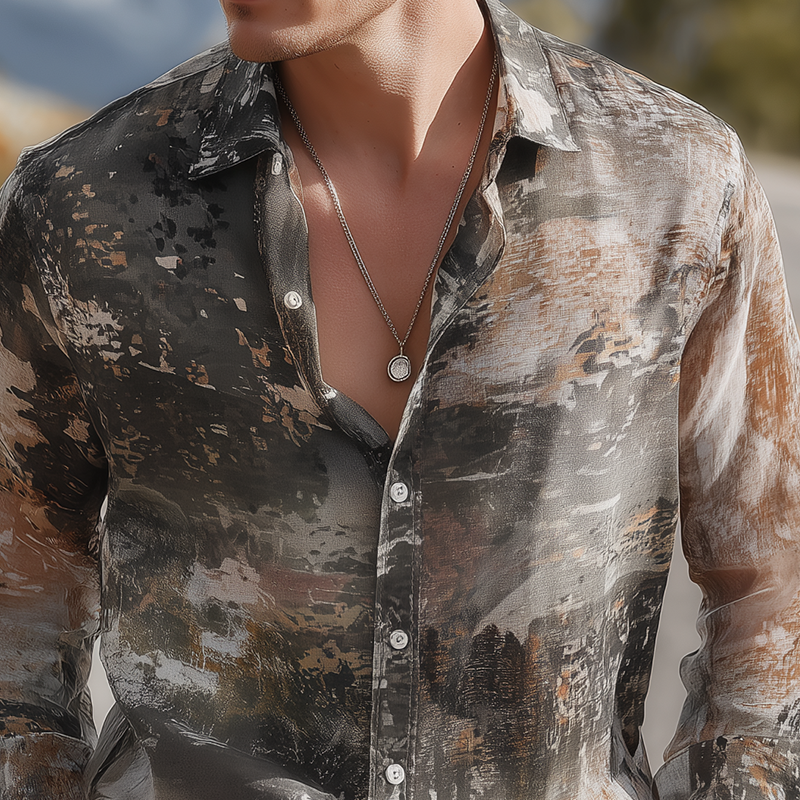Men's Summer Fashion Casual Chiffon Slightly Transparent Sexy Art Print Long Sleeve Shirt MTA0512G5K