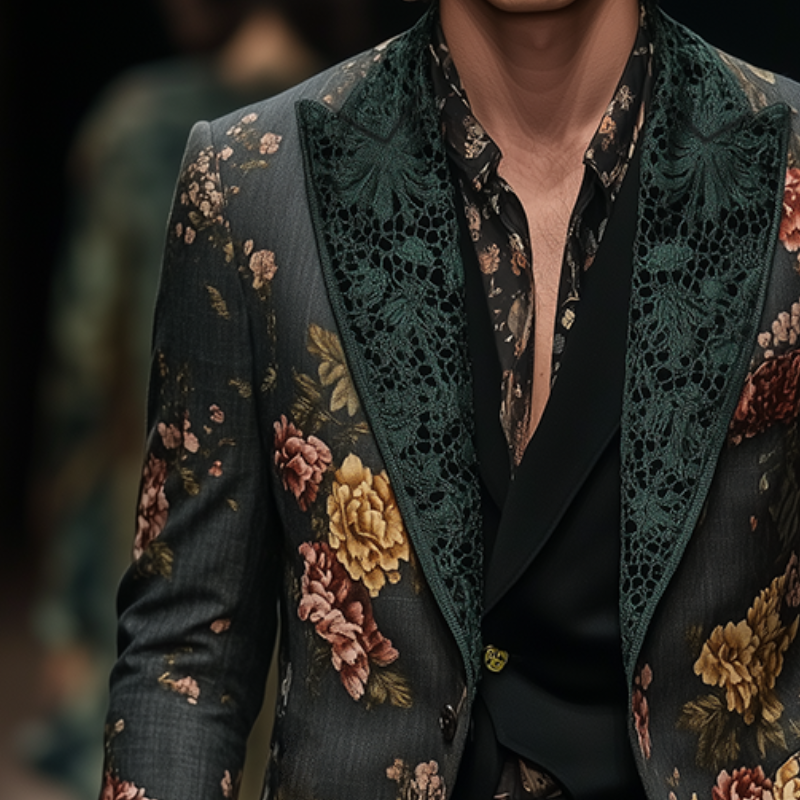 Men's Retro Large Flower Print Lace Stitching Casual Blazer MTA2197G9TO