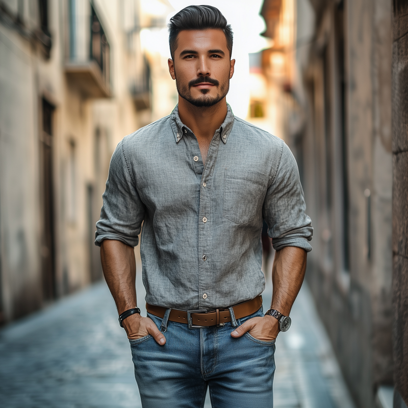 Men's Casual Breathable Cotton Linen Lapel Patch Pocket Slim Fit Long Sleeve Shirt MTA0349G3M