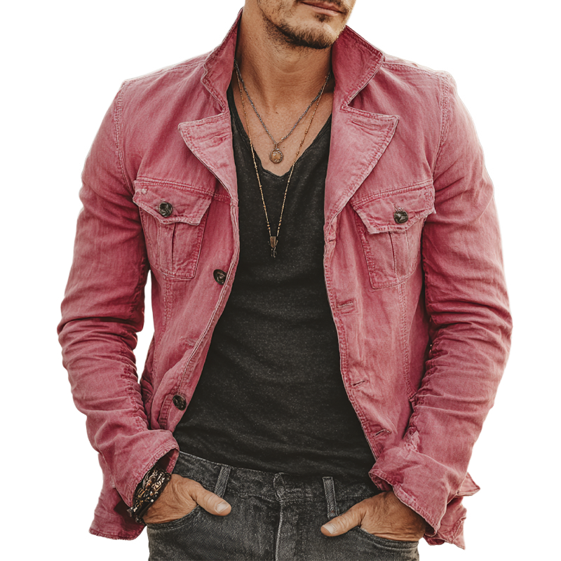 Men's Solid Color Vintage Lapel Washed Cotton Jacket MTA1604I0X