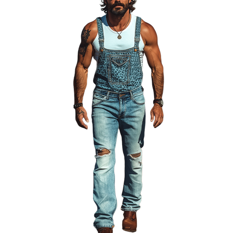 Men's Spring And Summer Fashion Personality Retro Western Cowboy Style Washed Denim Stitching Denim Leopard Print Knee Hole Overalls MTA1365E7K